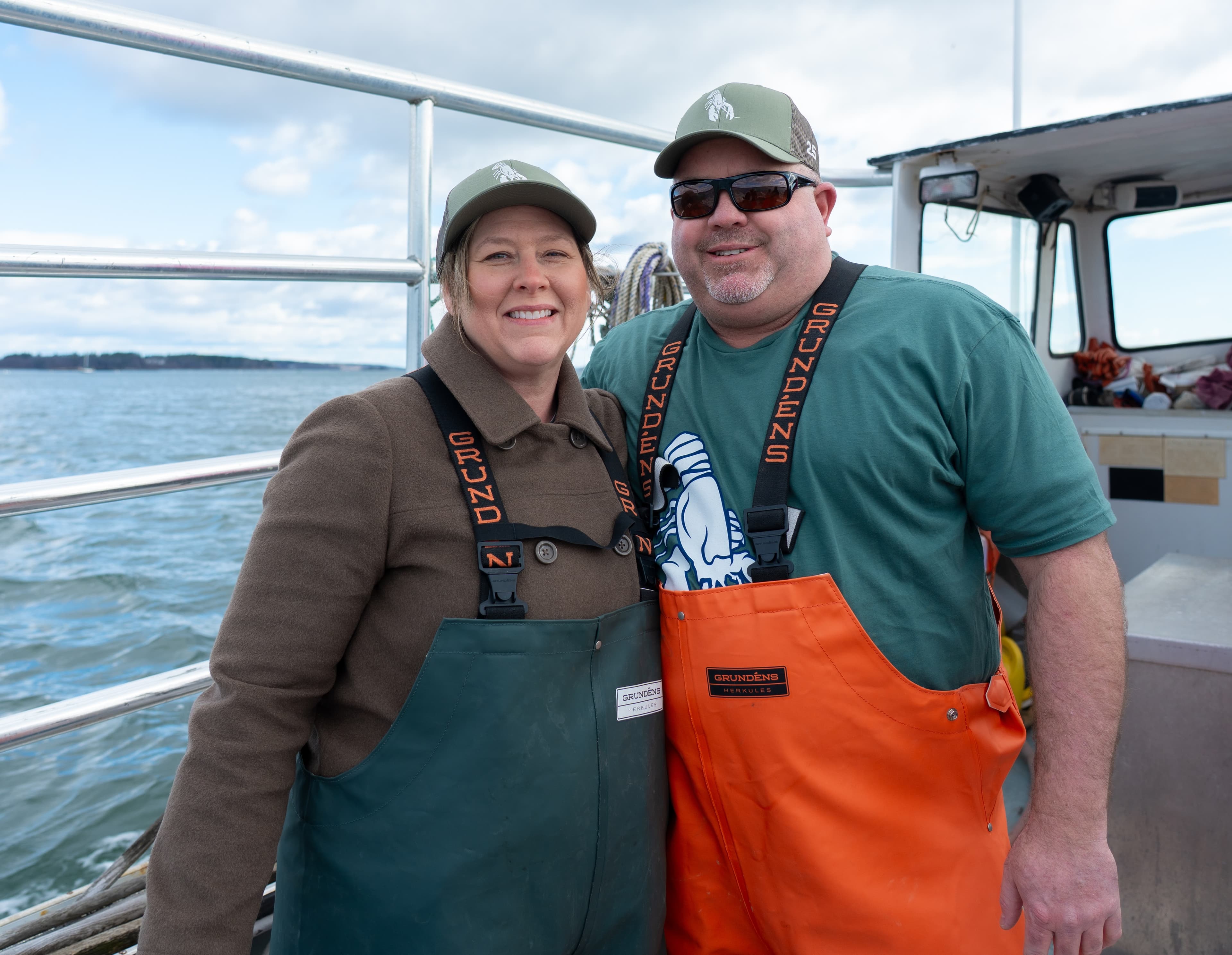 Husband & Wife, Chris & Marianne Smith pose for a photo during their Maine Training aboard a Lobster Boat