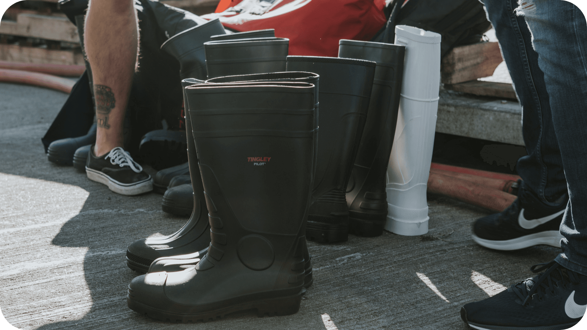 An image of some fishing boots on a wharf in Portland, Maine.
