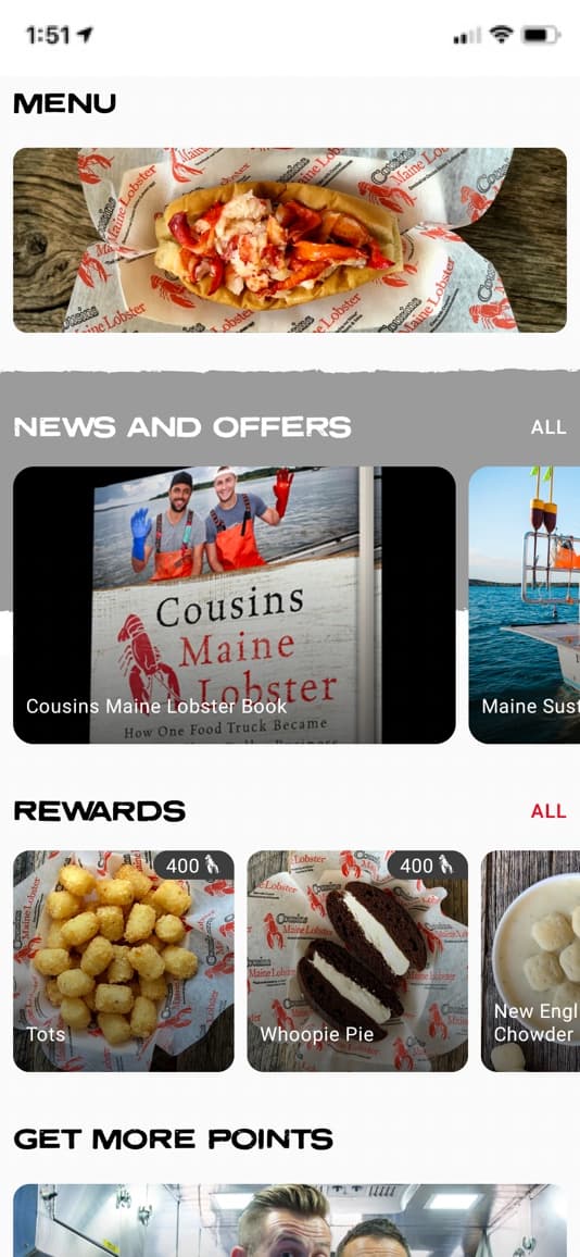 A screenshot of our mobile app screen, showcasing the homepage of the app, with sections like "Menu", "News and Offers", "Rewards".
